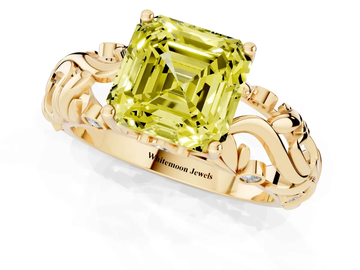 Fancy Yellow Asscher Cut Solitaire Diamond Leaf-Inspired Vine Band Ring with Prong Setting Yellow gold