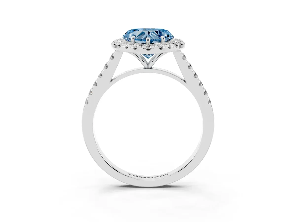 Fancy Blue Heart Cut Halo Pave Diamond Engagement Ring with Four-Prong Setting Platinum