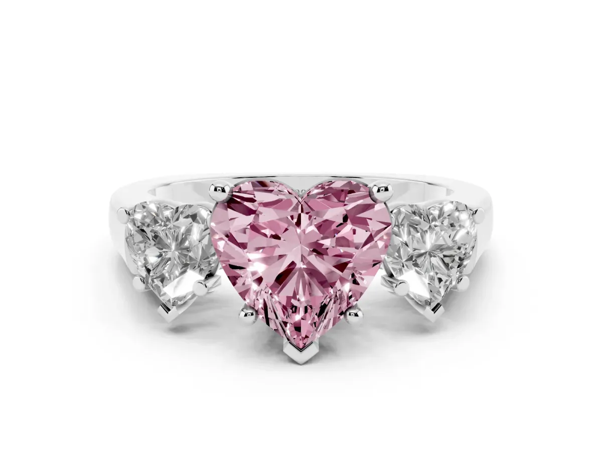 Fancy Pink Three-Stone Heart Cut Brilliant Diamond Trellis Ring with Comfort Fit Band Silver