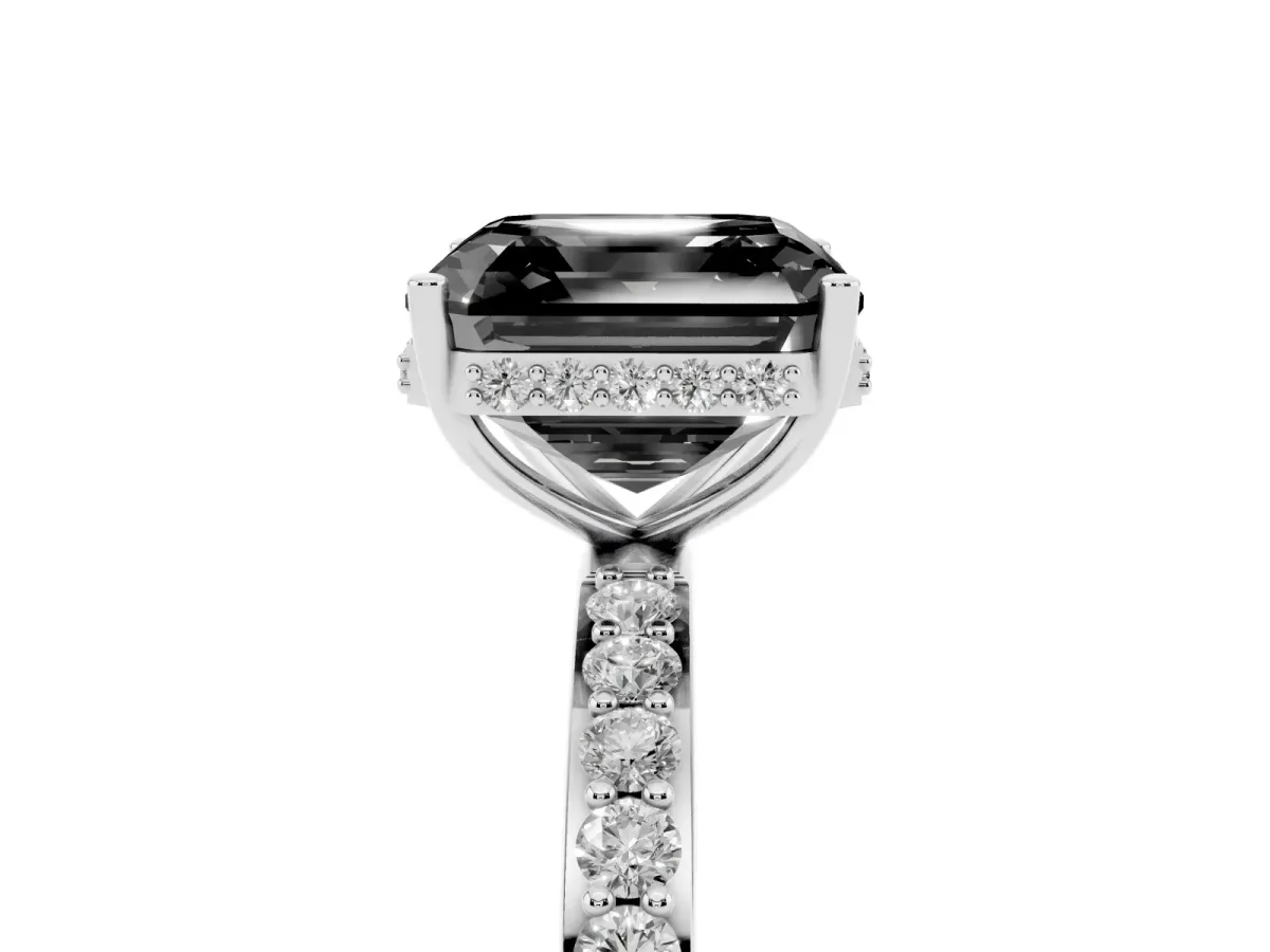 Fancy Black Asscher Cut Diamond Solitaire Ring with Pavé Band and Hidden Halo Silver