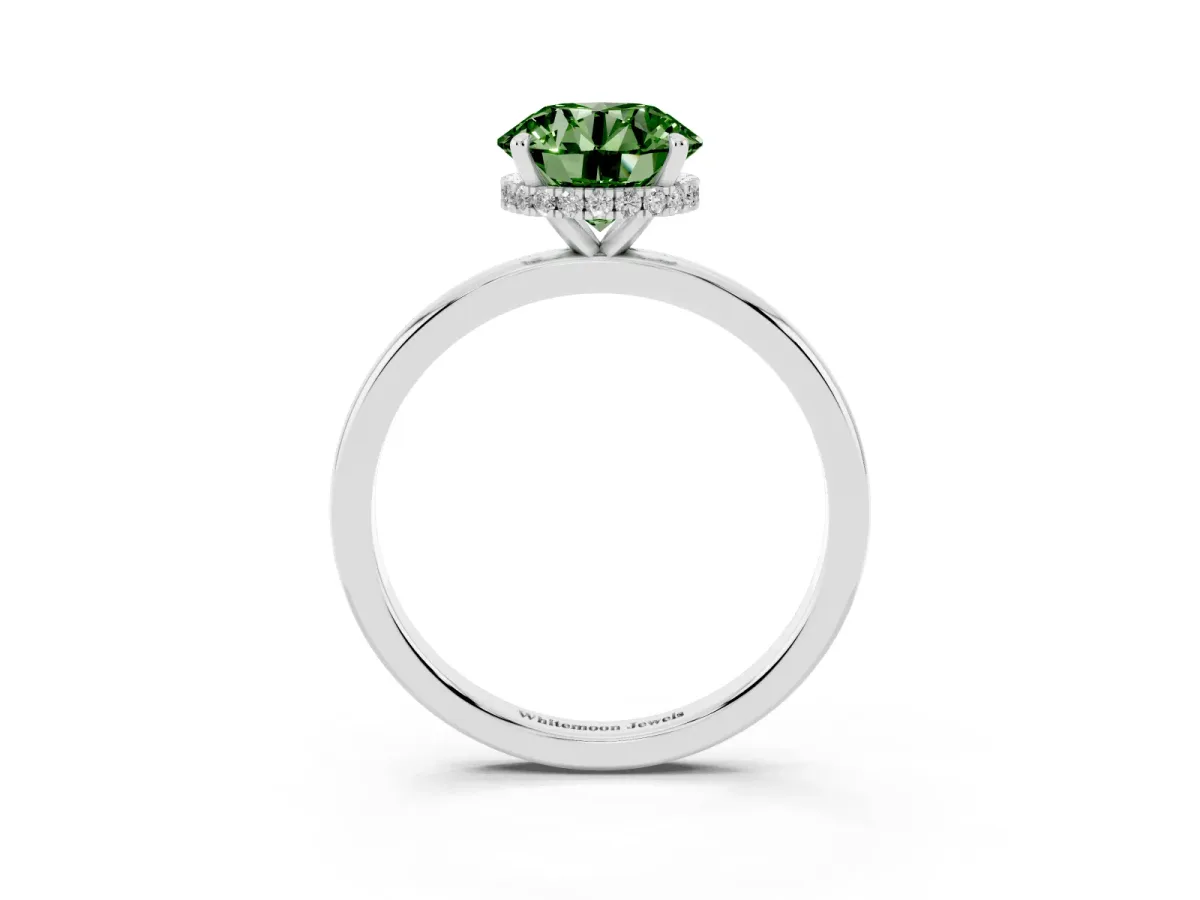 Fancy Green Round Cut Solitaire Engagement Ring with Cathedral Band and Four-Prong Setting White gold