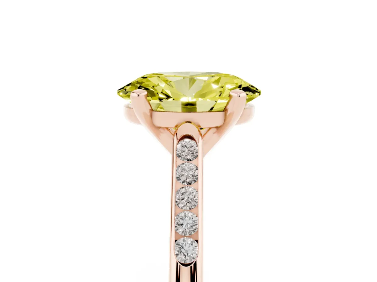 Fancy Yellow Oval Cut Diamond Solitaire Ring with Channel Set Round Band and Prong Setting Rose gold