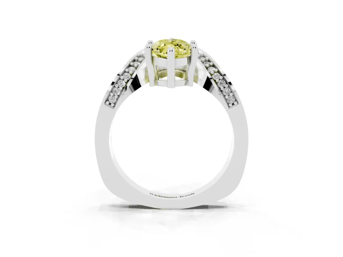 Fancy Yellow Marquise Cut Solitaire Diamond Engagement Ring with Pave Band and Four-Prong Setting White gold