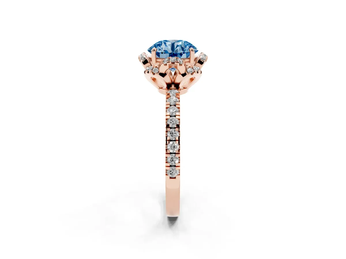 Fancy Blue Round Cut Diamond Halo Pave Band with Four-Prong Setting Rose gold