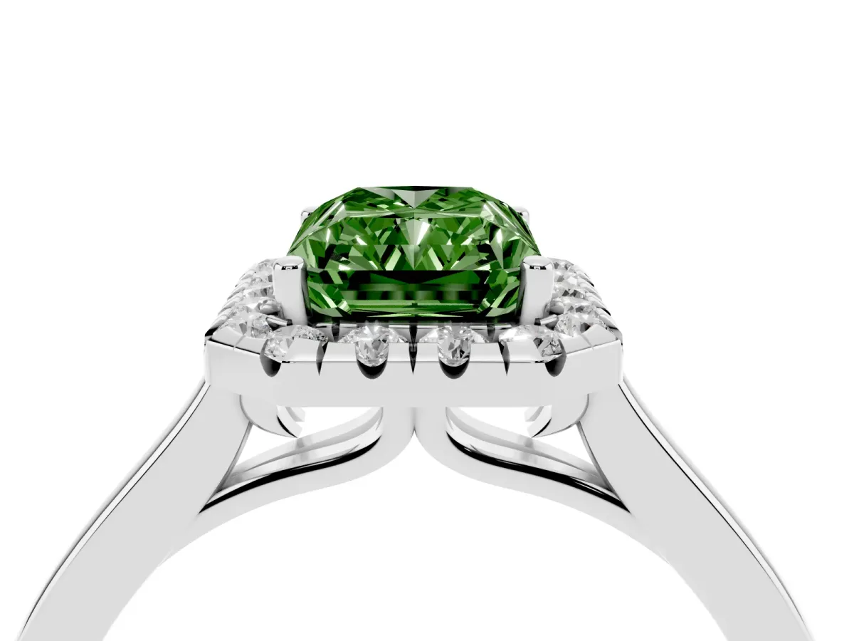 Fancy Green Radiant Cut Halo Round Diamond Solitaire Ring with Pavé Band and Four-Prong Setting Silver