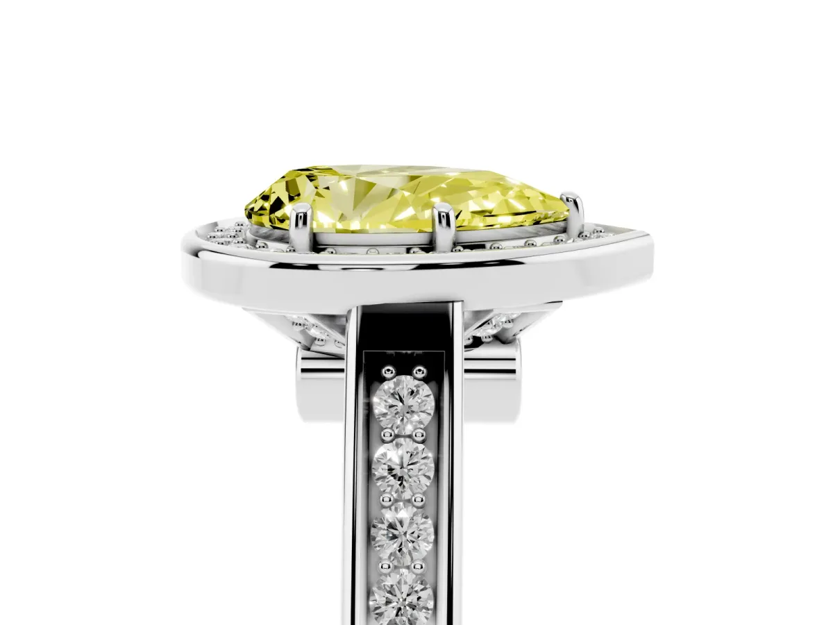 Fancy Yellow Pear Cut Halo Solitaire Diamond Ring with Pave Band and Bezel Setting Platinum