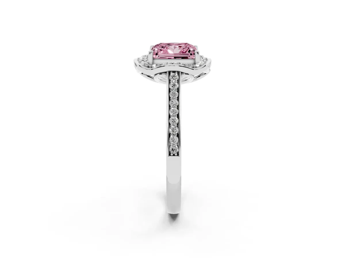 Fancy Pink Princess Cut Halo Round Diamond Pave Band with Four-Prong Setting Silver