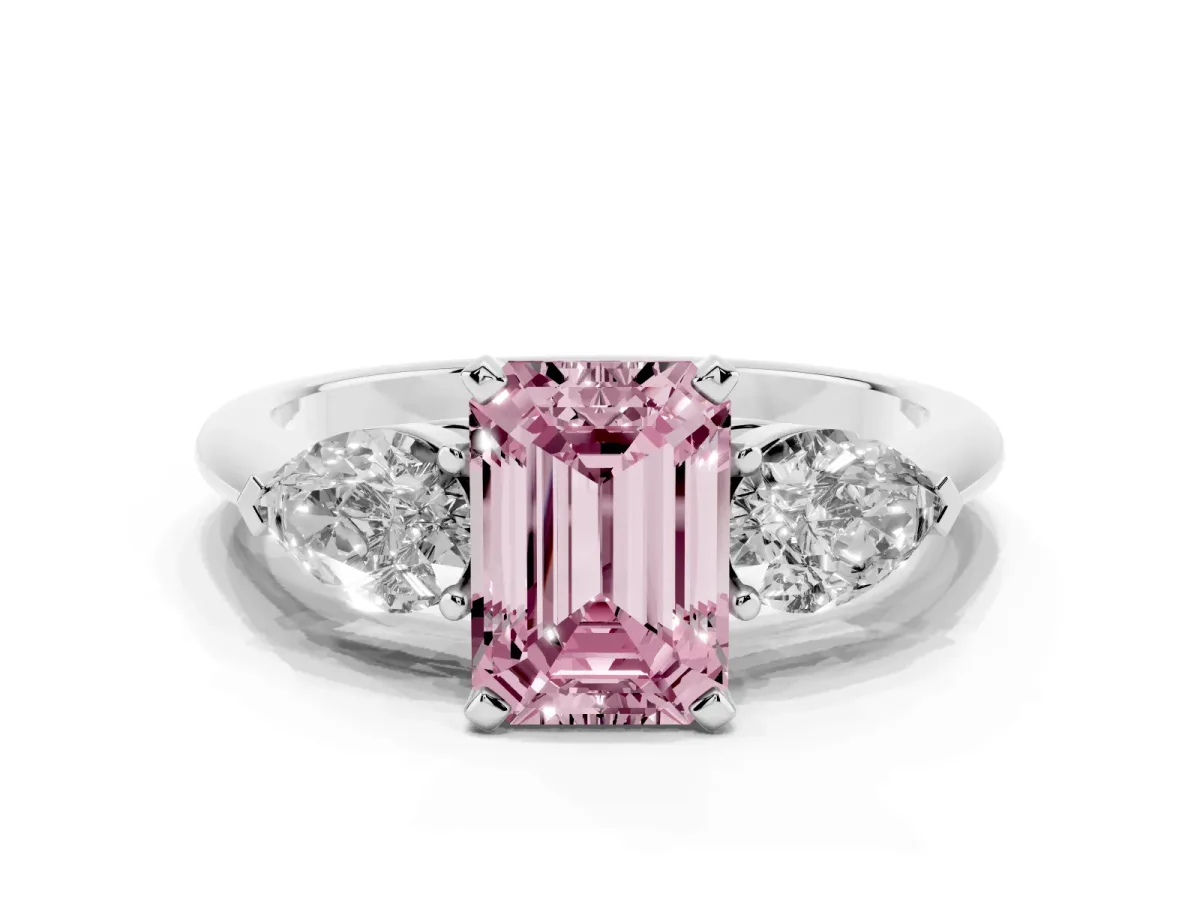 Fancy Pink Three-Stone Emerald Cut Diamond Ring with Pear Side Stones and Four-Prong Setting Silver