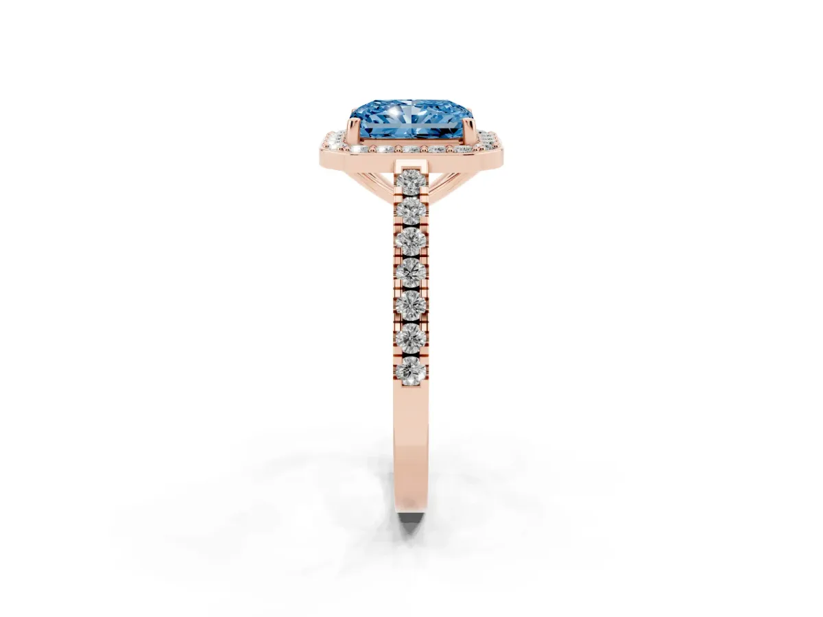 Fancy Blue Radiant Cut Diamond Halo Ring with Round Pavé Split Shank and Prong Setting Rose gold