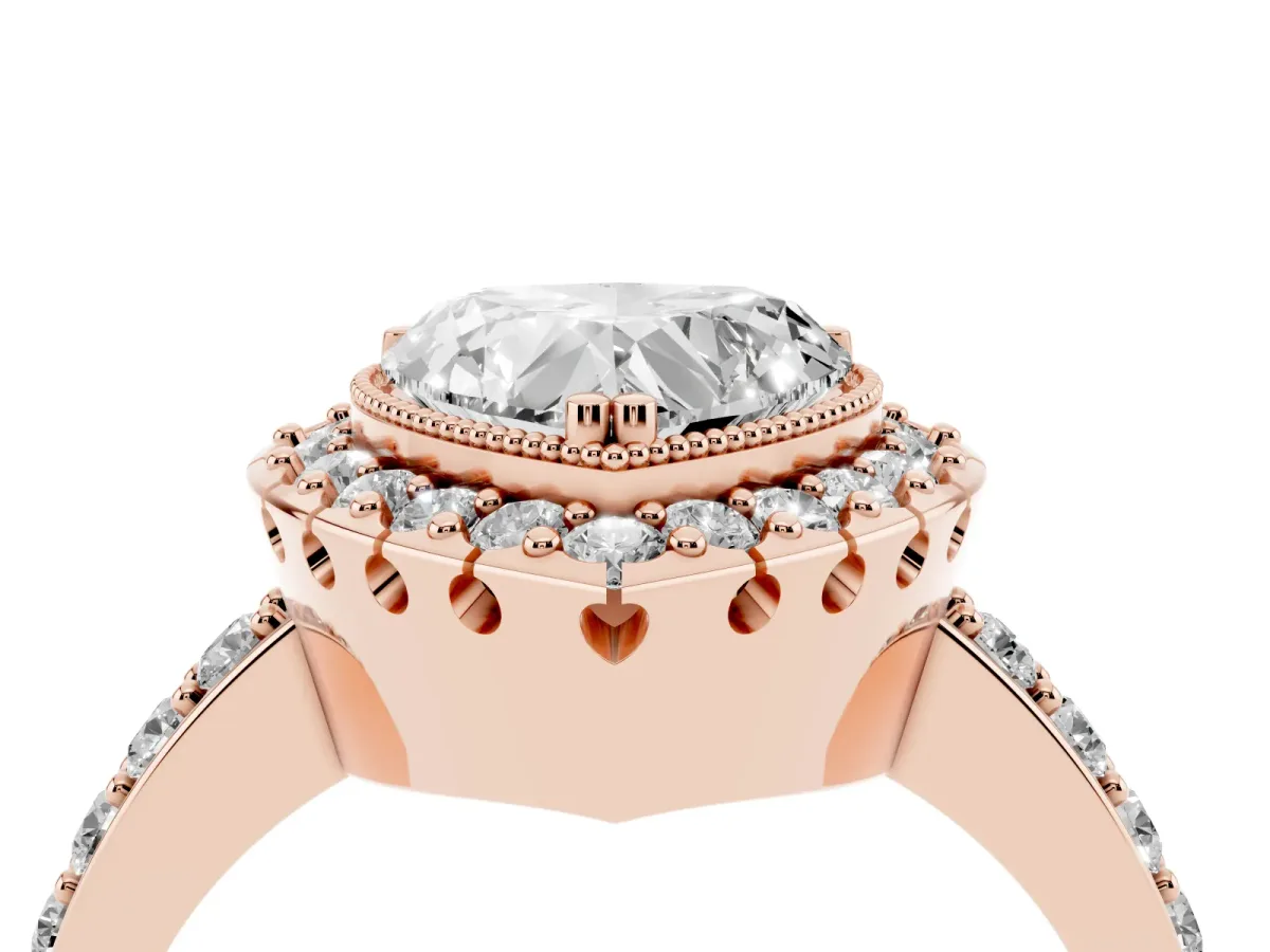 Heart Cut Diamond Halo Ring with Pavé Band and Prong Setting Rose gold