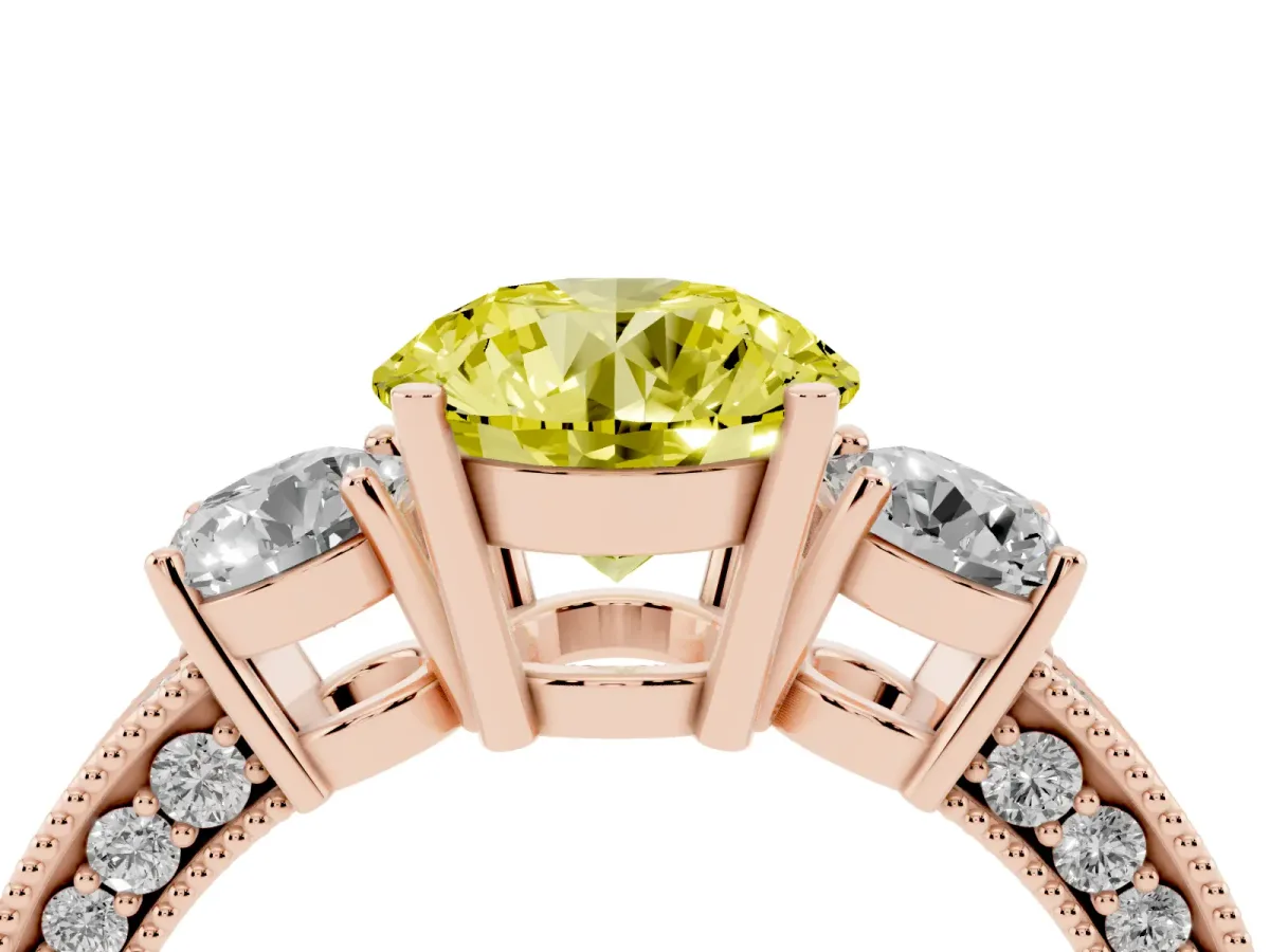 Fancy Yellow Round Cut Three-Stone Diamond Ring with Pavé Band and Four-Prong Setting Rose gold