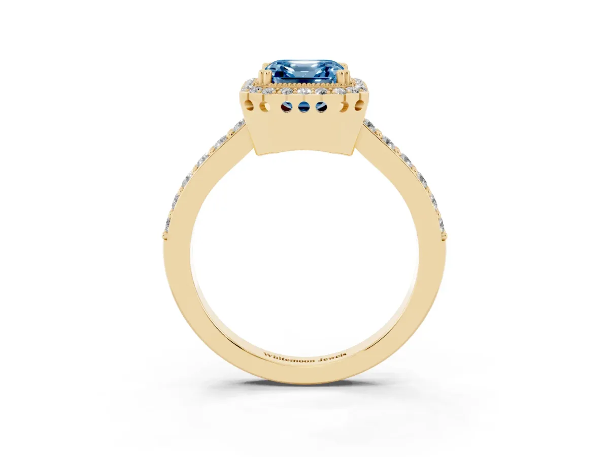 Fancy Blue Asscher Cut Cut Diamond Halo Engagement Ring with Milgrain Detail and Pavé Band Yellow gold
