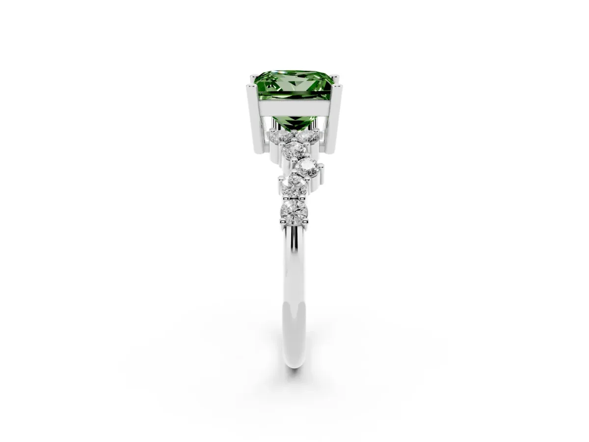 Fancy Green Princess Cut Diamond Scattered Round Accent Ring with Prong Setting Silver