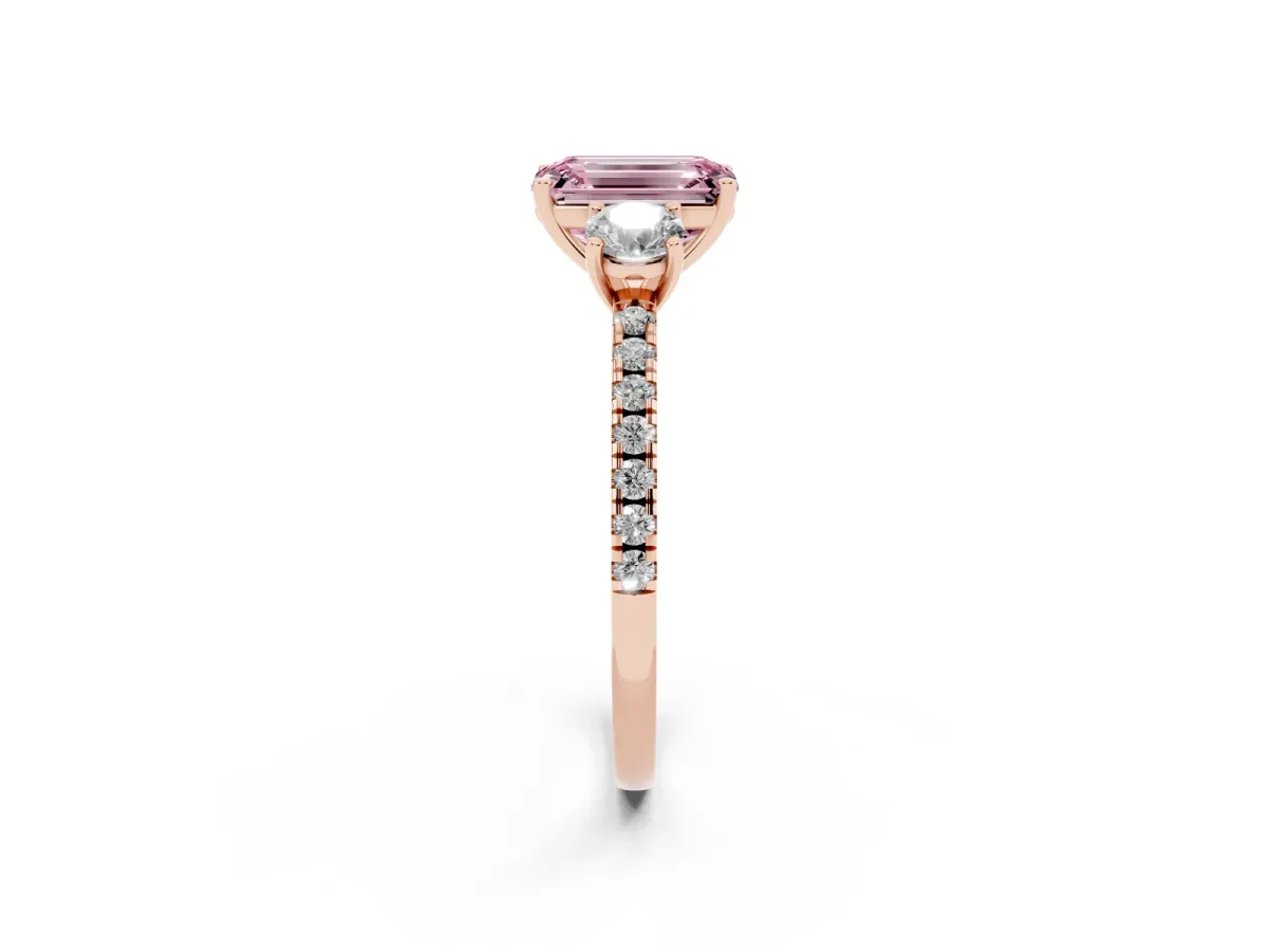 Fancy Pink Three-Stone Emerald Cut Cut Diamond Pavé Band with Prong Setting Rose gold