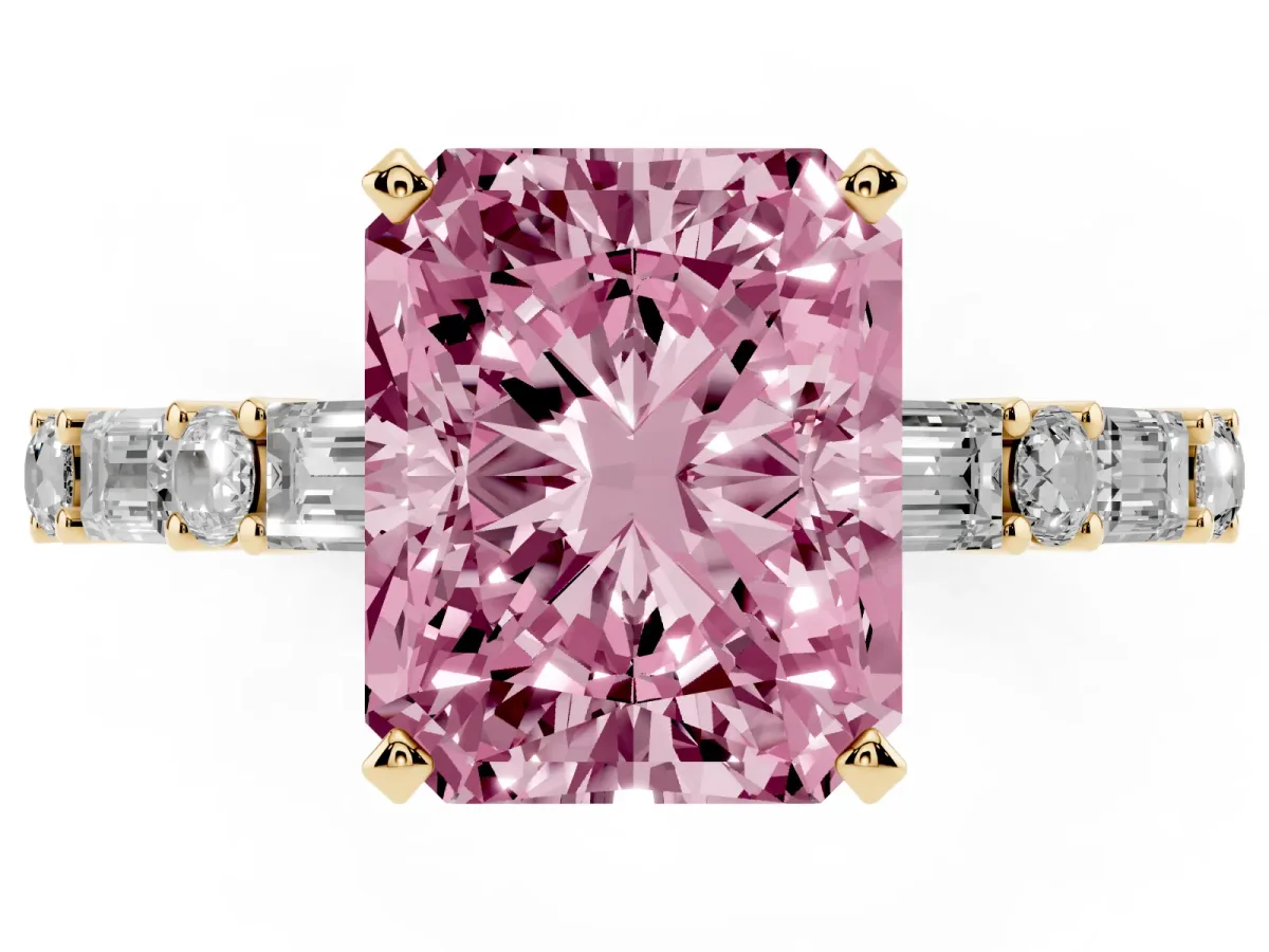 Fancy Pink Radiant Cut Diamond Solitaire with Side Baguettes and Channel Set Band Yellow gold