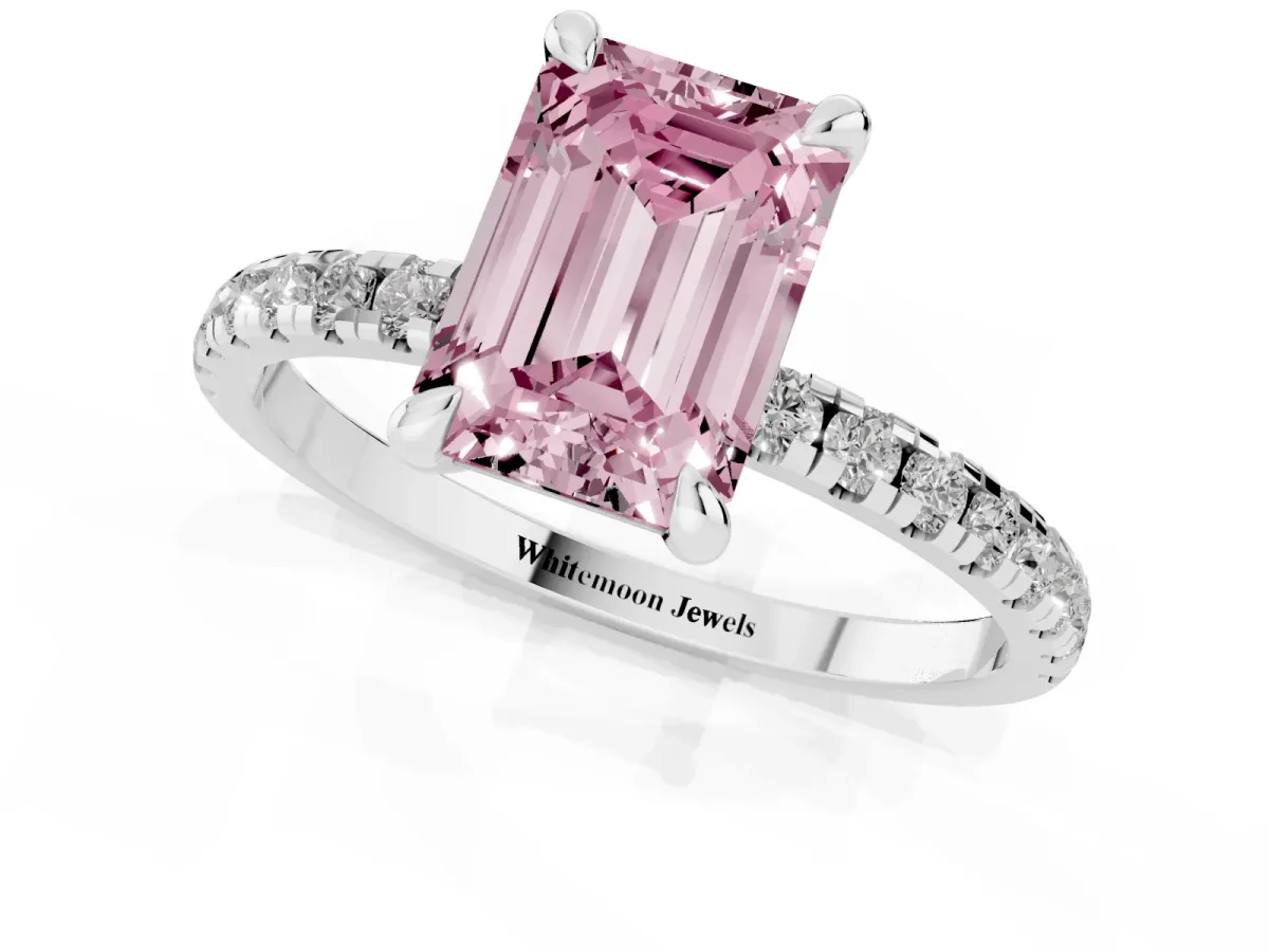 Fancy Pink Emerald Cut Diamond Brilliant Solitaire Ring with Pavé Band and Four-Prong Setting Silver
