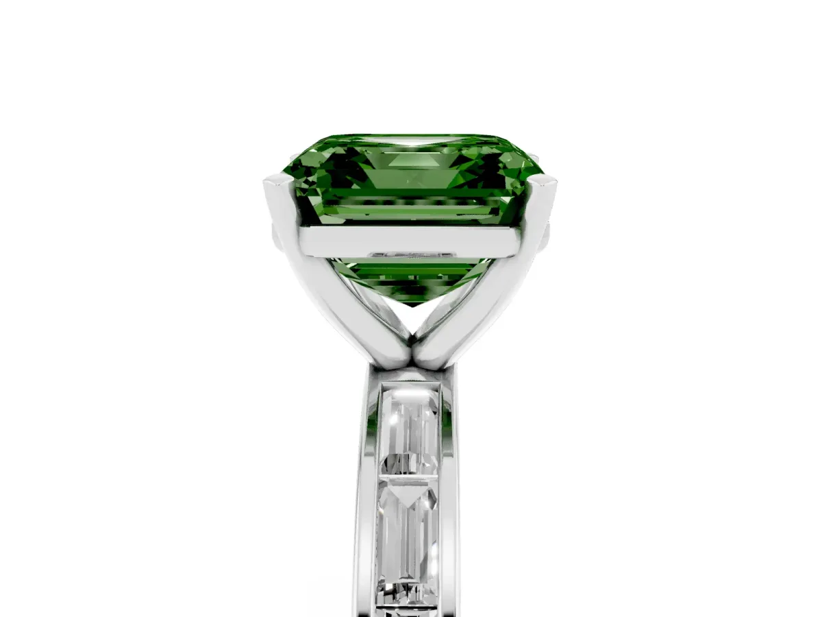 Fancy Green Asscher Cut Solitaire Diamond Ring with Channel-Set Baguette Band and Four-Prong Setting Platinum