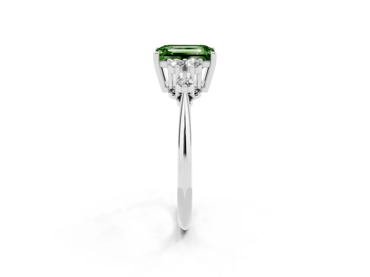 Fancy Green Emerald Cut Cut Diamond Cluster Ring with Solitaire Band and Four-Prong Setting Platinum