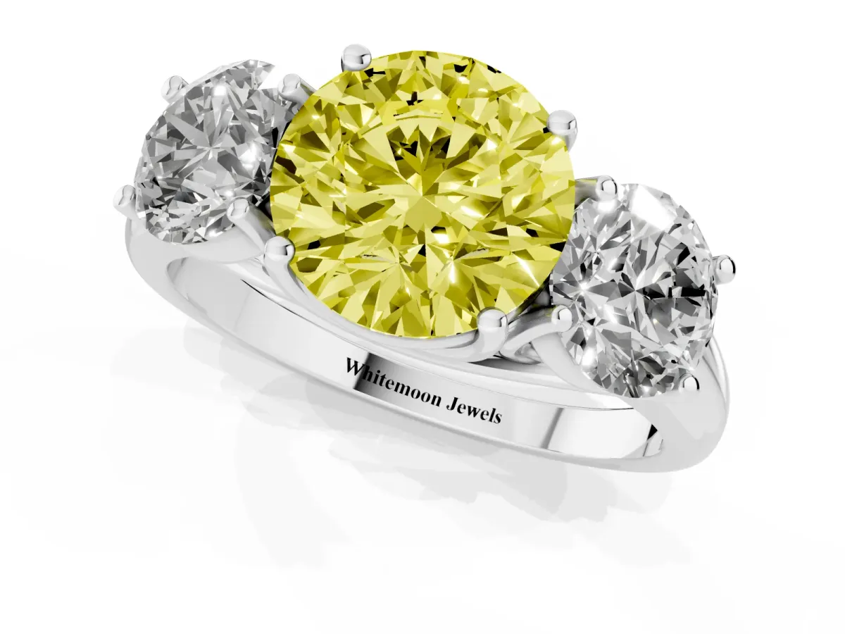 Fancy Yellow Three-Stone Round Cut Diamond Engagement Ring with Prong Setting Platinum