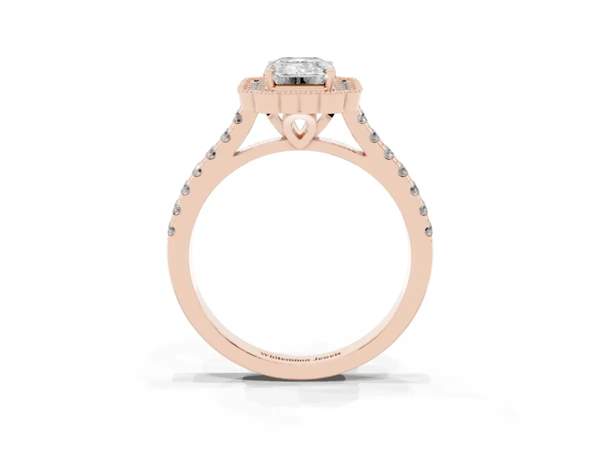 Emerald Cut Cut Diamond Milgrain Floral Halo Engagement Ring with Pavé Band Rose gold