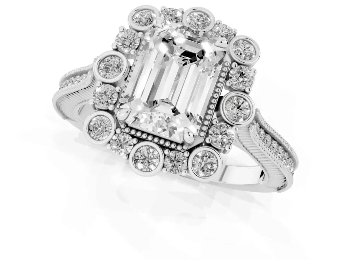 Emerald Cut Halo Milgrain Pave Diamond Ring with Four-Prong Setting Platinum