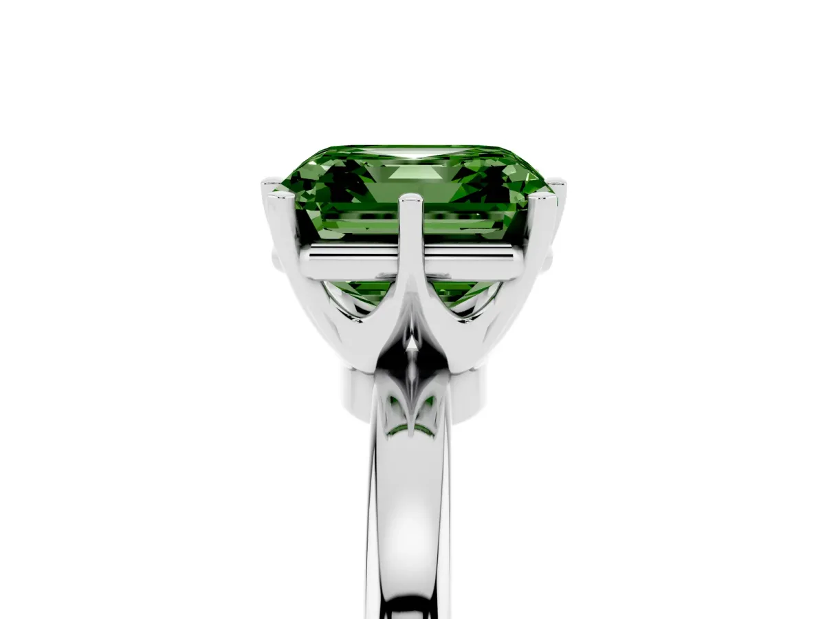Fancy Green Asscher Cut Solitaire Diamond Ring with Six-Prong Setting on a Classic Band Silver
