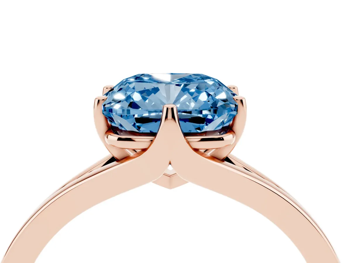 Fancy Blue Cushion Cut Solitaire Diamond Ring with Six-Prong Setting and Tapered Band Rose gold