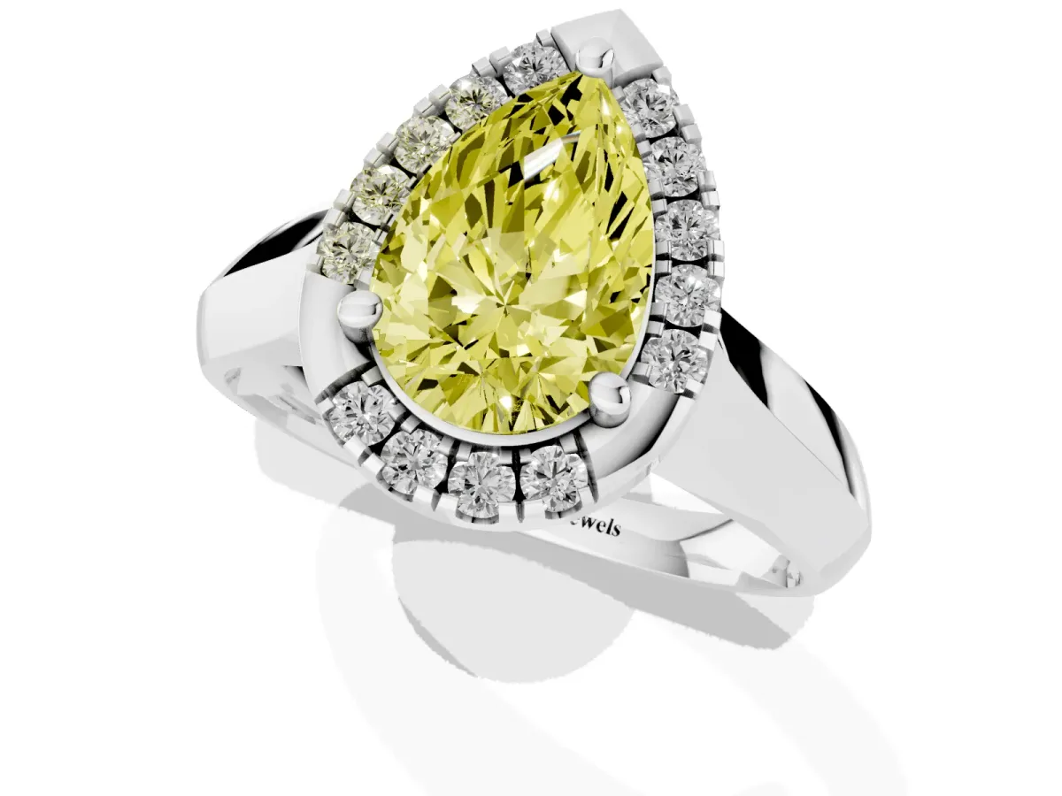 Fancy Yellow Pear Cut Cut Halo Solitaire Engagement Ring with Square Band and Four-Prong Setting White gold