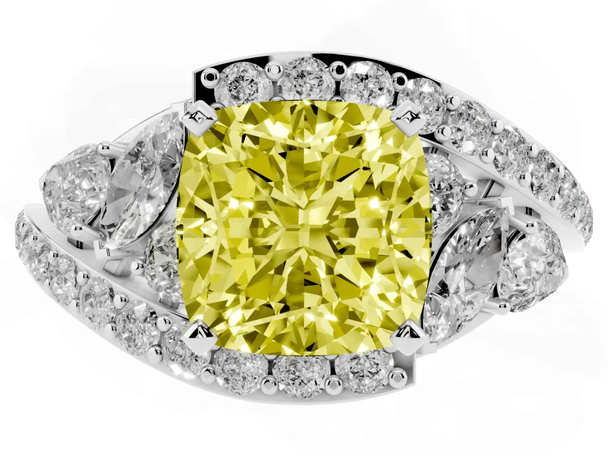 Fancy Yellow Cushion Cut Diamond Halo Ring with Marquise and Pavé Band in Prong Setting Silver