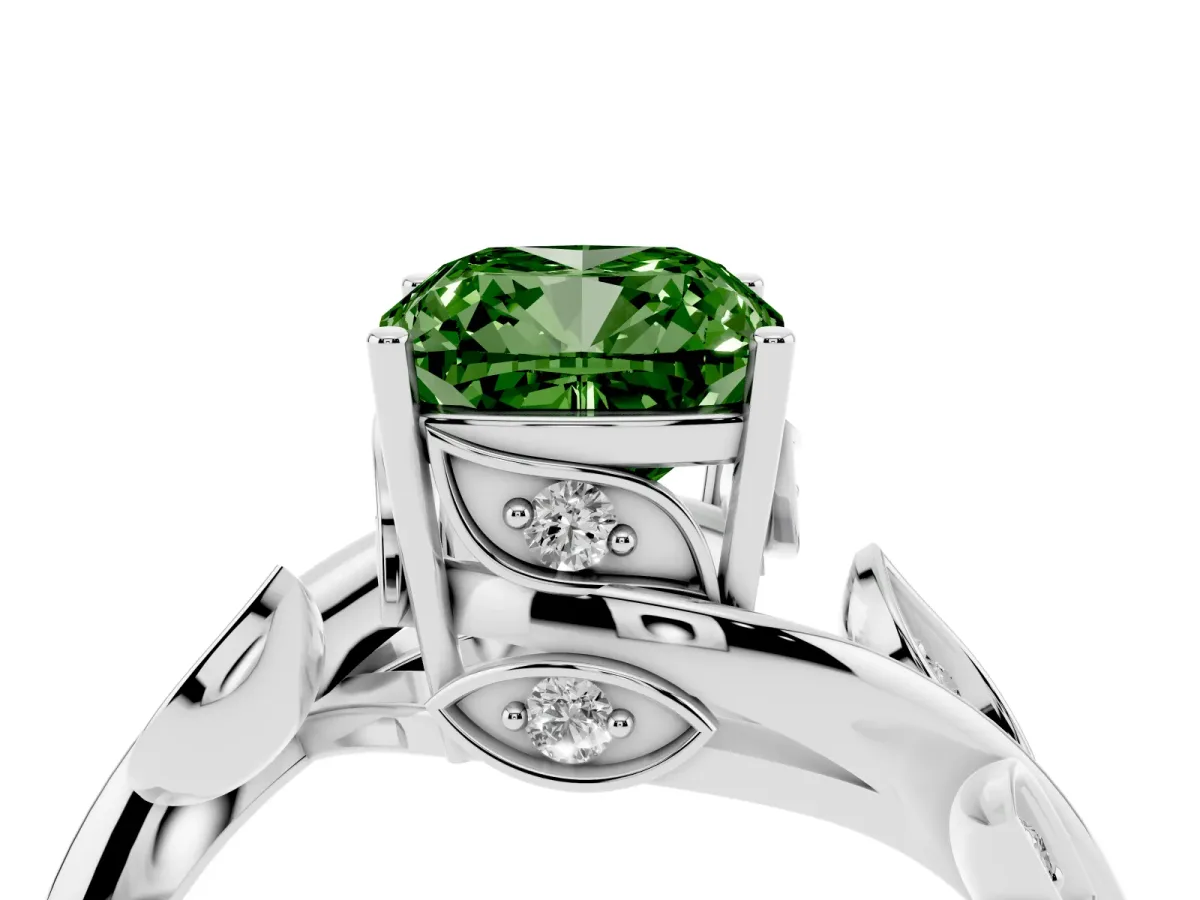 Fancy Green Cushion Cut Solitaire Twist Engagement Ring with Leaf Accents and Prong Setting Platinum