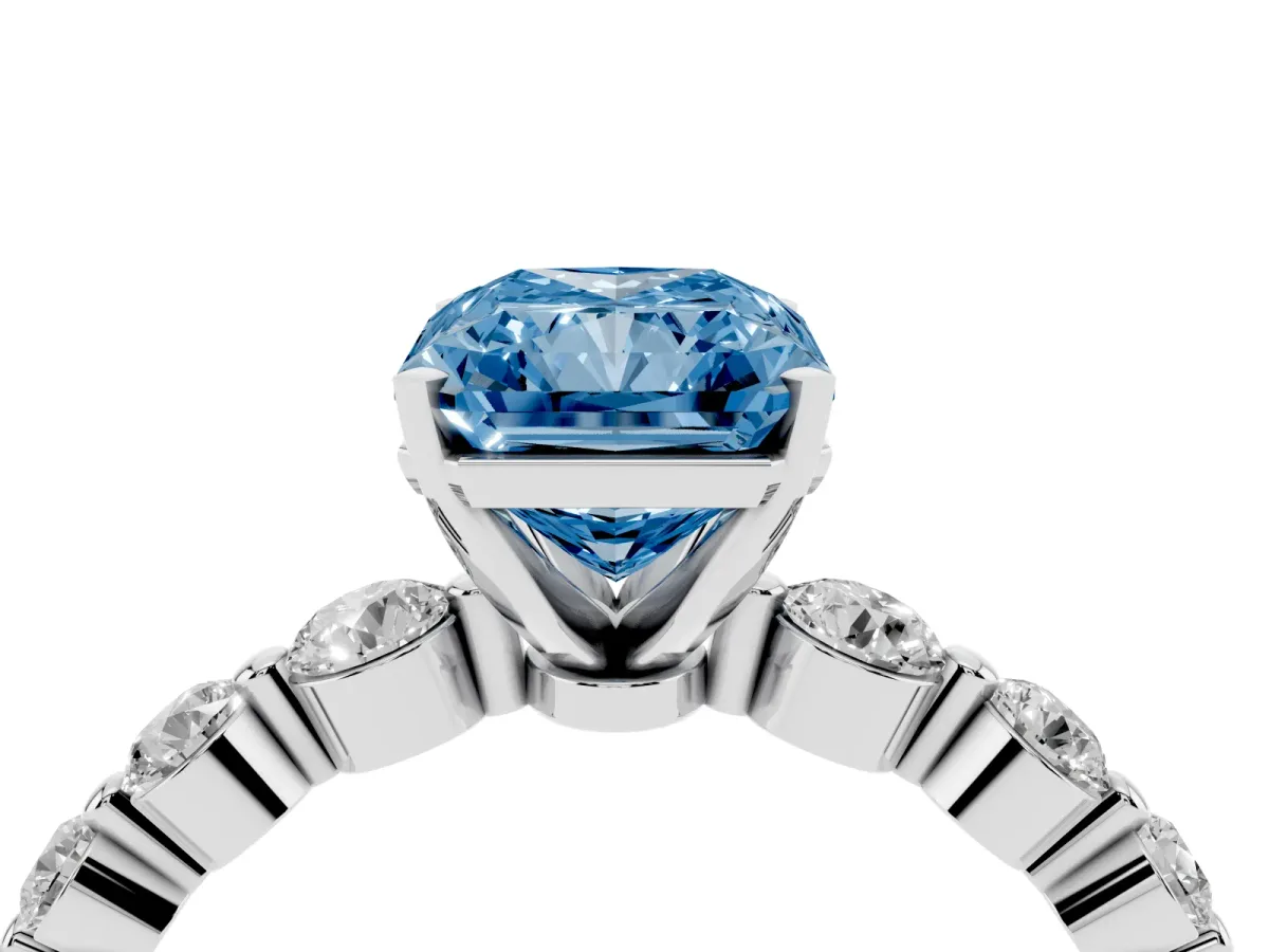 Fancy Blue Radiant Cut Solitaire Diamond Ring with Pave Band and Four-Prong Setting Silver