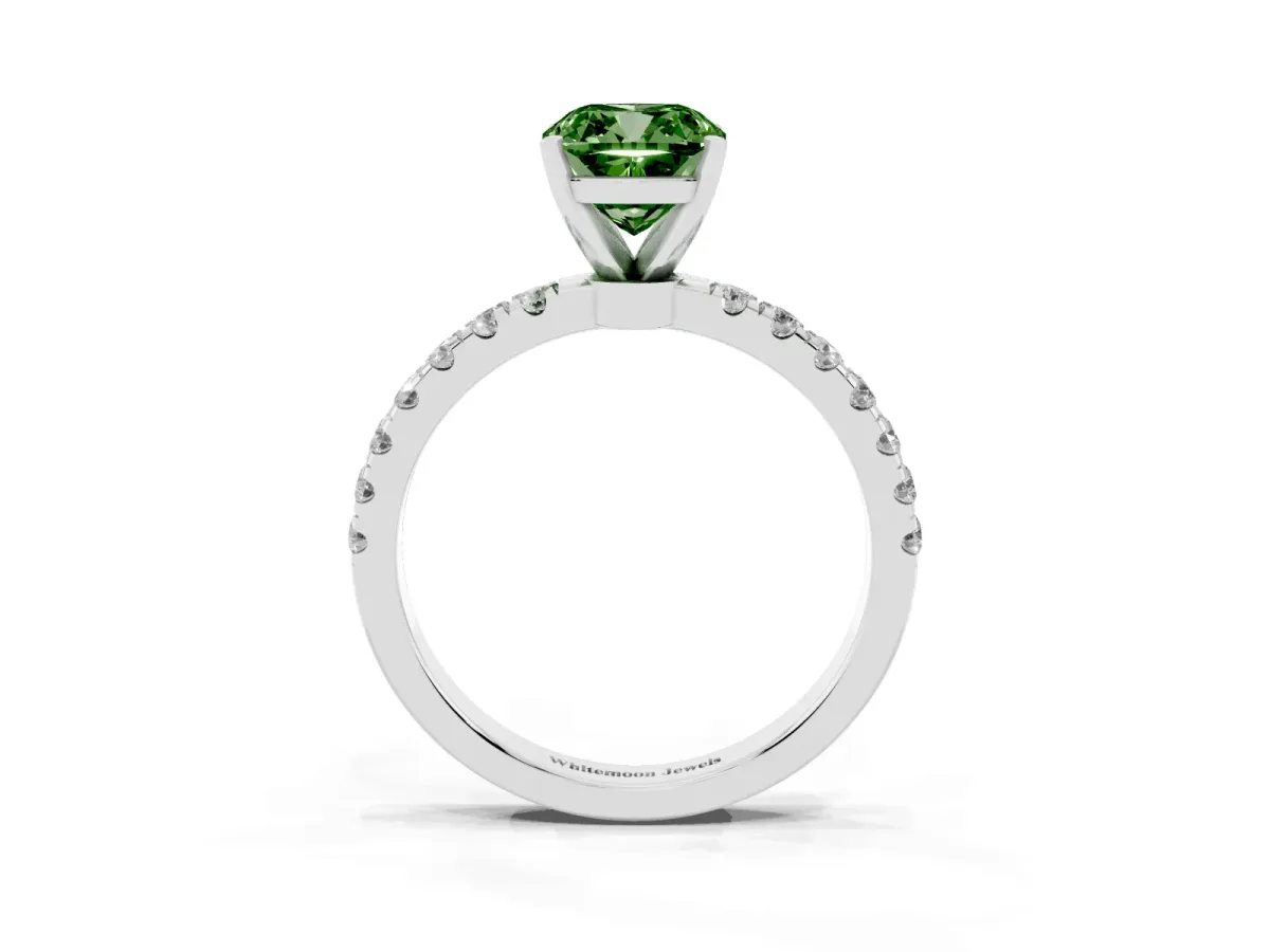 Fancy Green Cushion Cut Diamond Solitaire Ring with Pavé Accents and Four-Prong Setting White gold