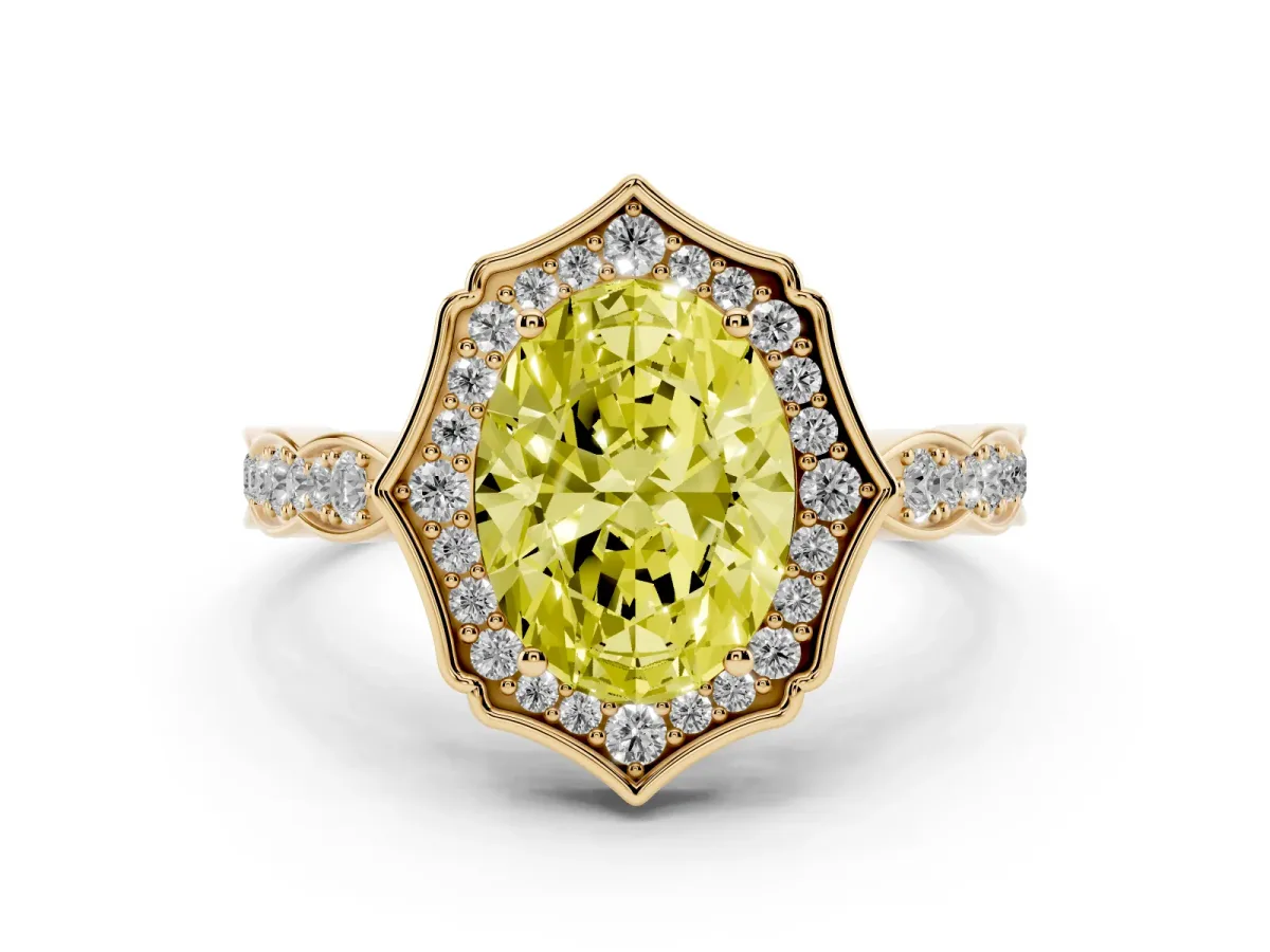 Fancy Yellow Oval Cut Halo Diamond Engagement Ring with Milgrain Band and Four-Prong Setting Yellow gold