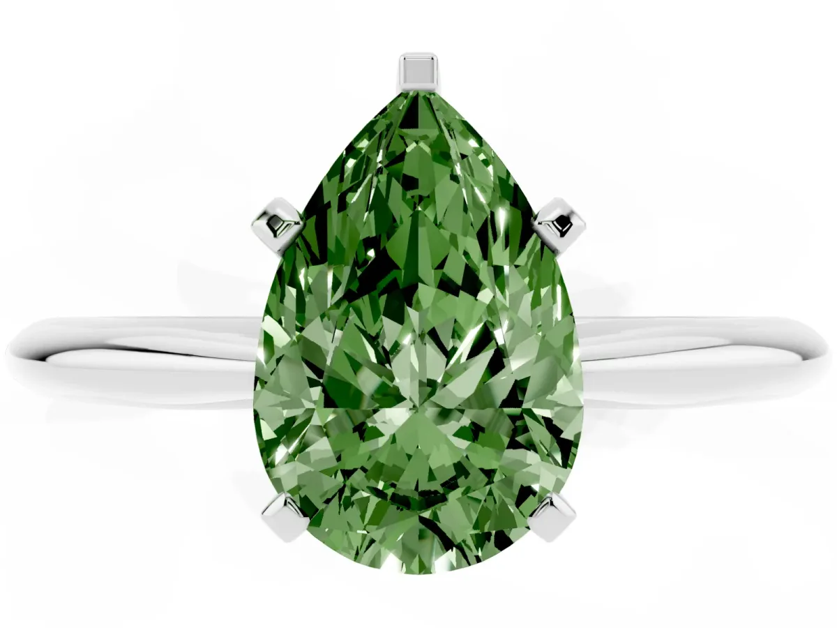 Fancy Green Pear Cut Cut Solitaire Ring with Four-Prong Setting on a Classic Band Platinum