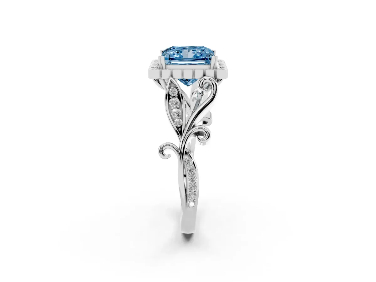 Fancy Blue Princess Cut Diamond Halo Ring with Vintage Split Shank and Four-Prong Setting Silver
