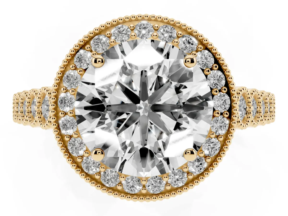 Round Cut Halo Milgrain Solitaire with Bezel Set Side Stones and Pave Band Yellow gold