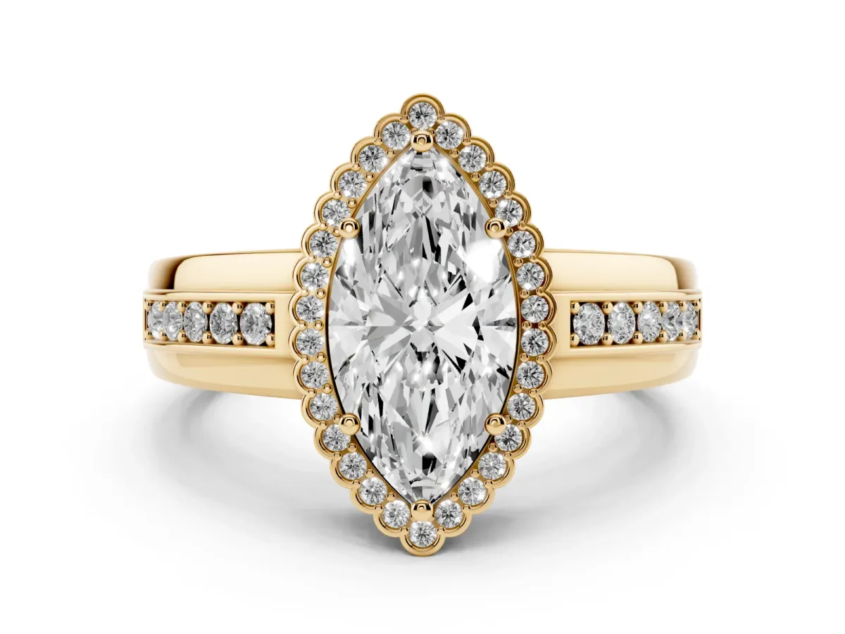 Marquise Cut Cut Halo Pave Band Four-Prong Ring Yellow gold