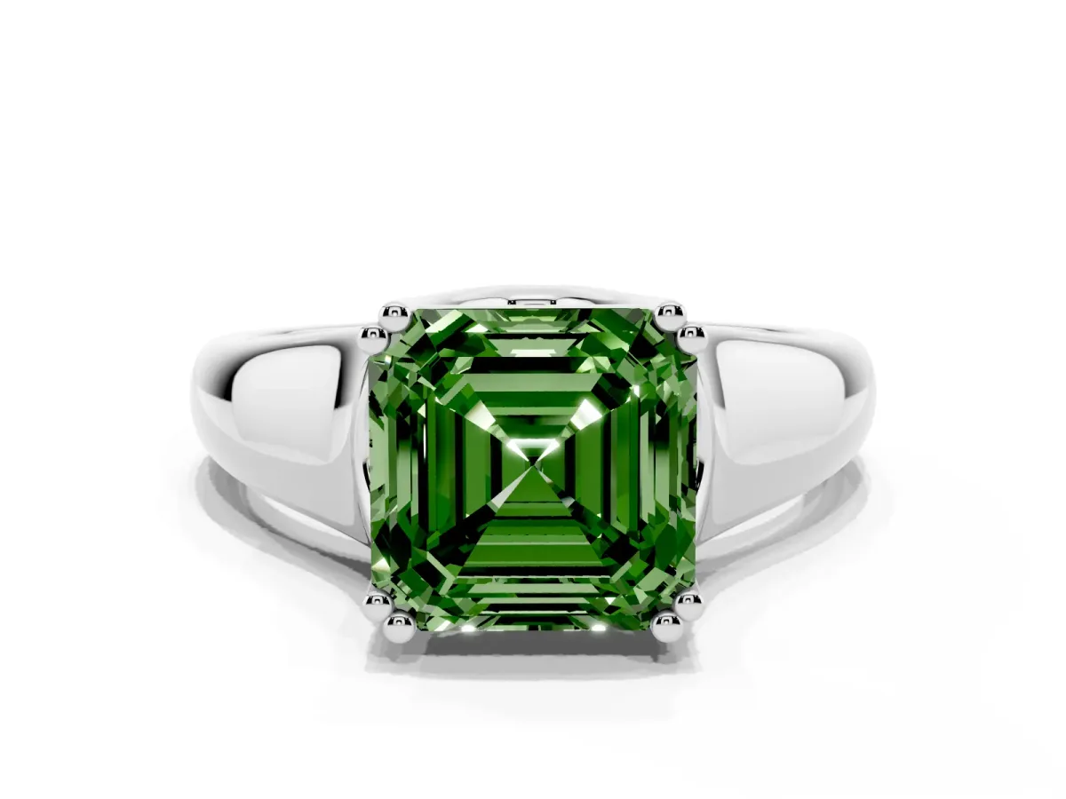 Fancy Green Asscher Cut Diamond Solitaire Ring with Wide Band and Prong Setting Silver