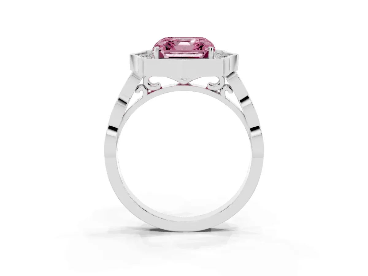 Fancy Pink Asscher Cut Halo Diamond Engagement Ring with Milgrain Band and Four-Prong Setting Platinum