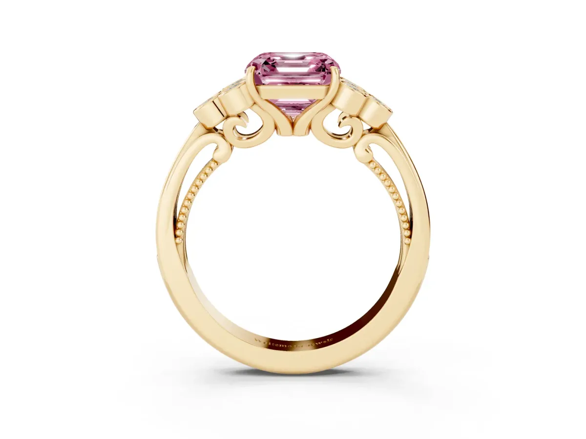 Fancy Pink Asscher Cut Cut Diamond Engagement Ring with Bezel Set Round Side Stones and Prong Setting Yellow gold