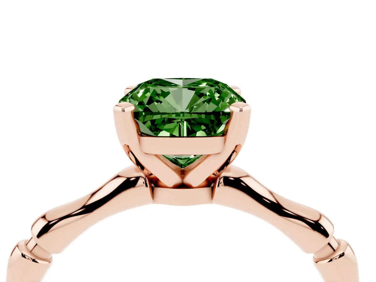 Fancy Green Cushion Cut Solitaire Diamond Ring with Bamboo Band and Four-Prong Setting Rose gold