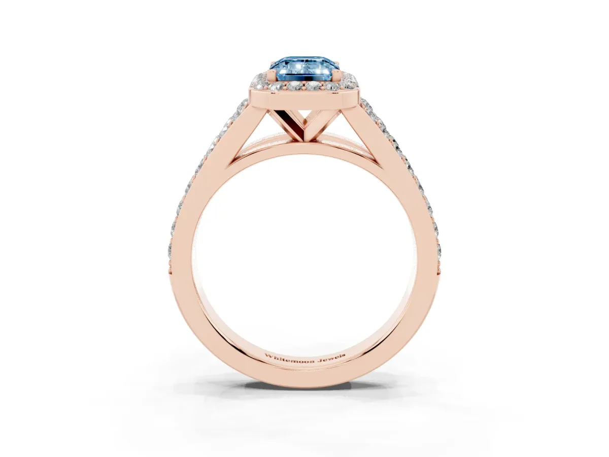 Fancy Blue Emerald Cut Diamond Split Shank Halo Ring with Four-Prong Setting Rose gold