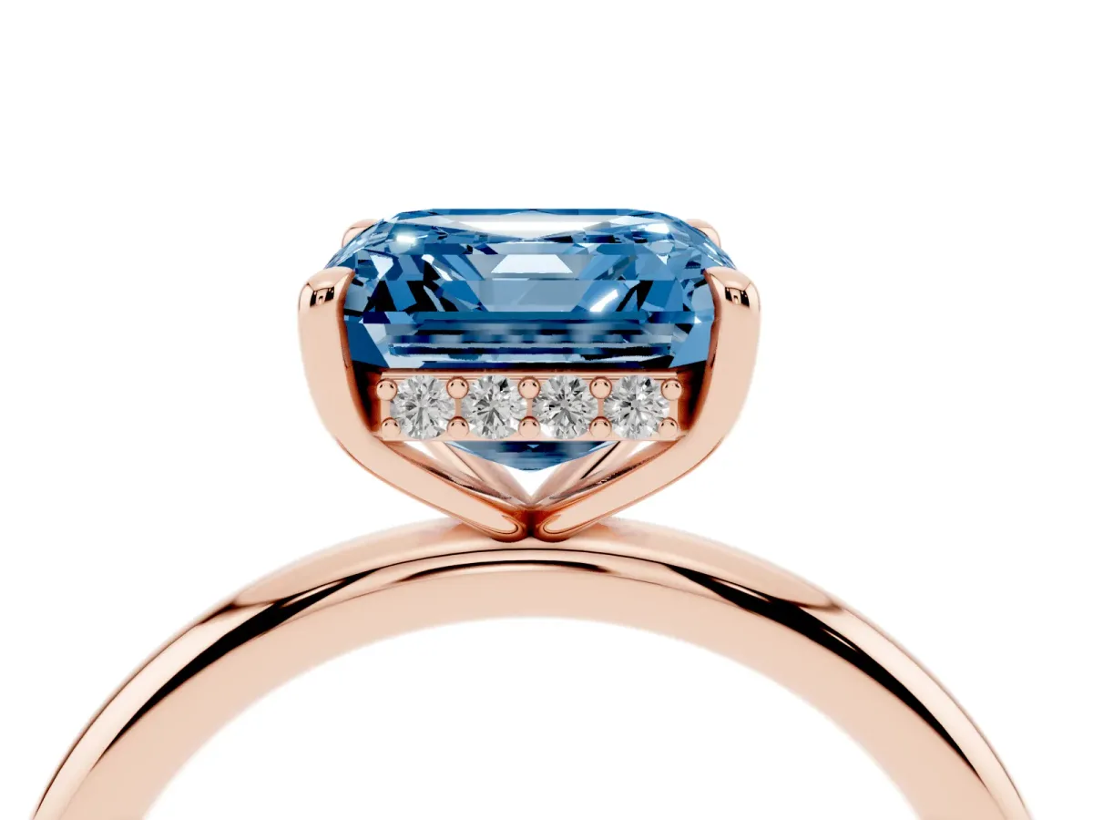 Fancy Blue Asscher Cut Diamond Solitaire Ring with Thin Band and Four-Prong Setting Rose gold