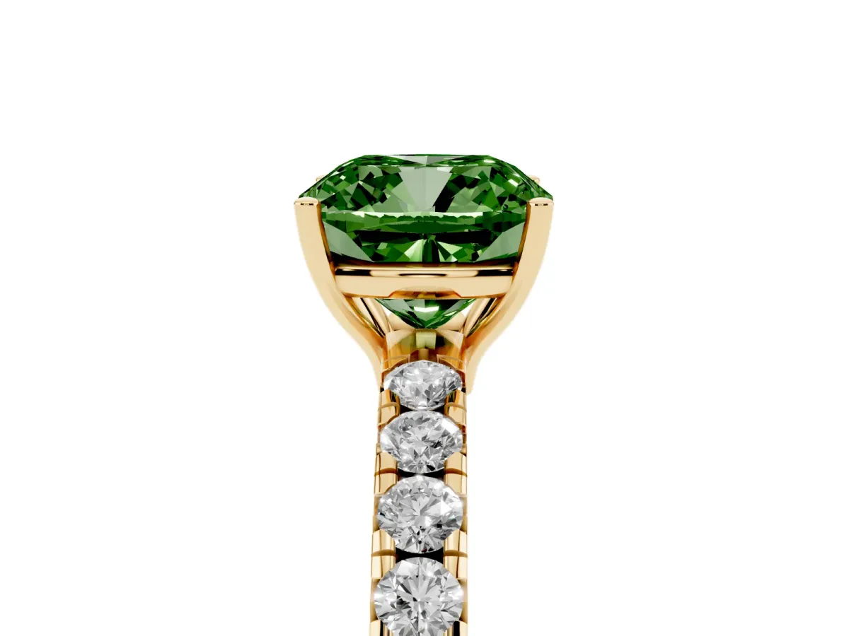 Fancy Green Cushion Cut Diamond Pavé Solitaire Engagement Ring with Four-Prong Setting Yellow gold