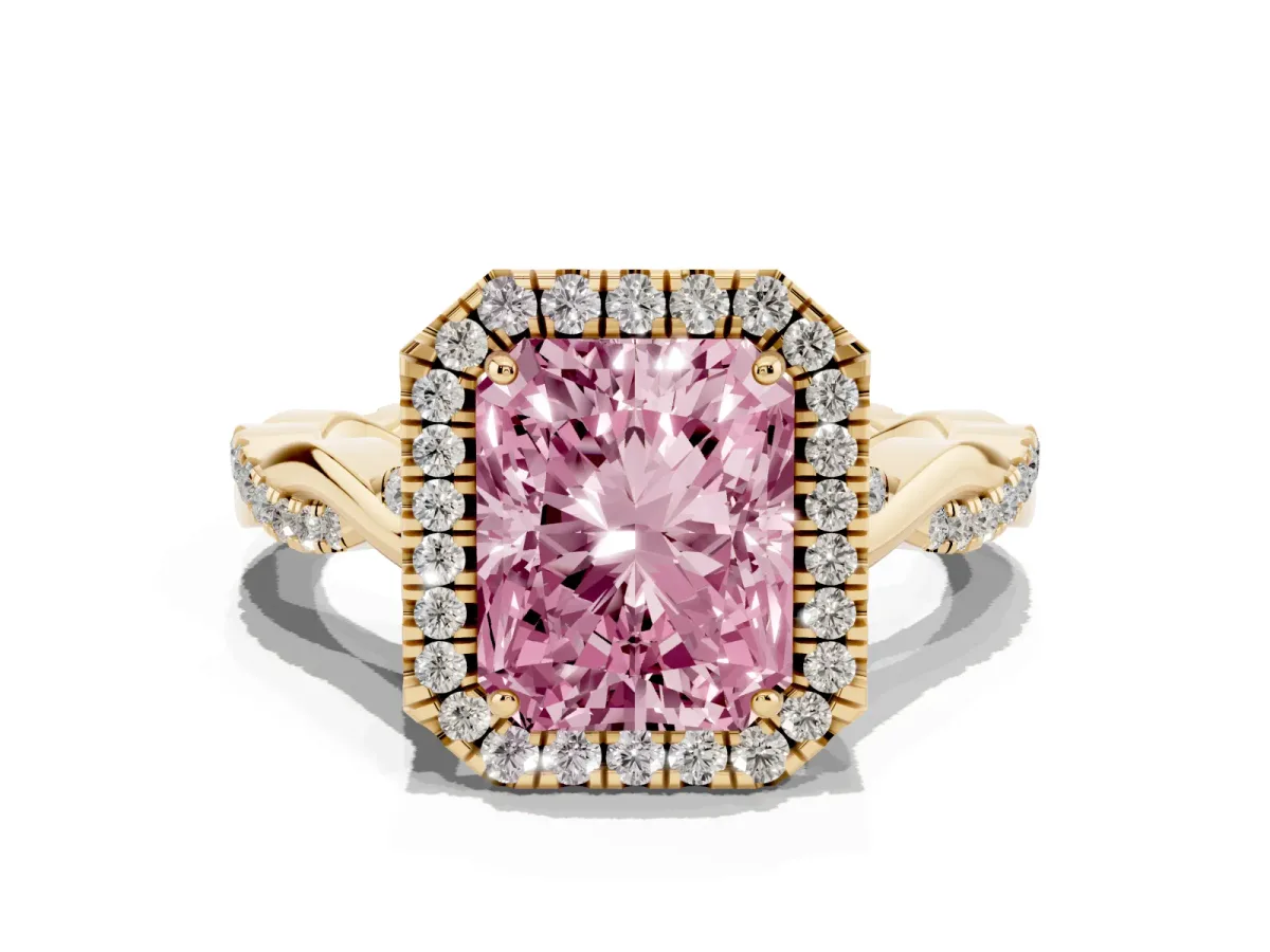 Fancy Pink Radiant Cut Halo Twist Band Solitaire Ring Yellow gold