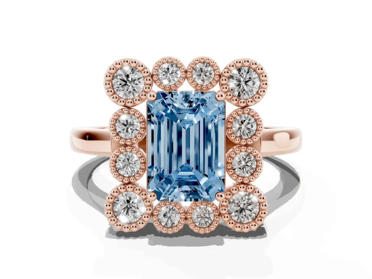 Fancy Blue Emerald Cut Halo Diamond Cluster Engagement Ring with Milgrain Bezel Setting and Solitaire Band Rose gold