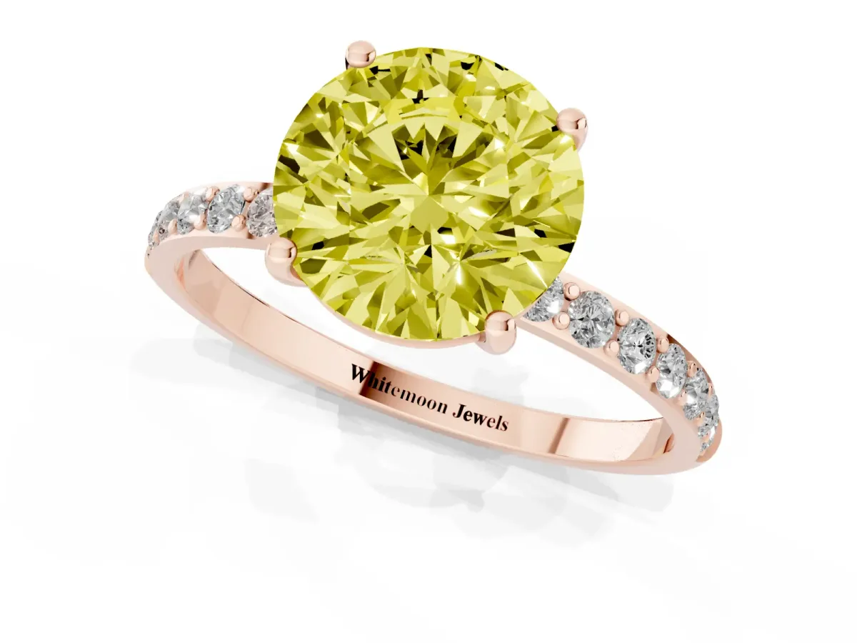 Fancy Yellow Round Cut Diamond Solitaire Ring with Round Pavé Shoulders and Prong Setting Rose gold