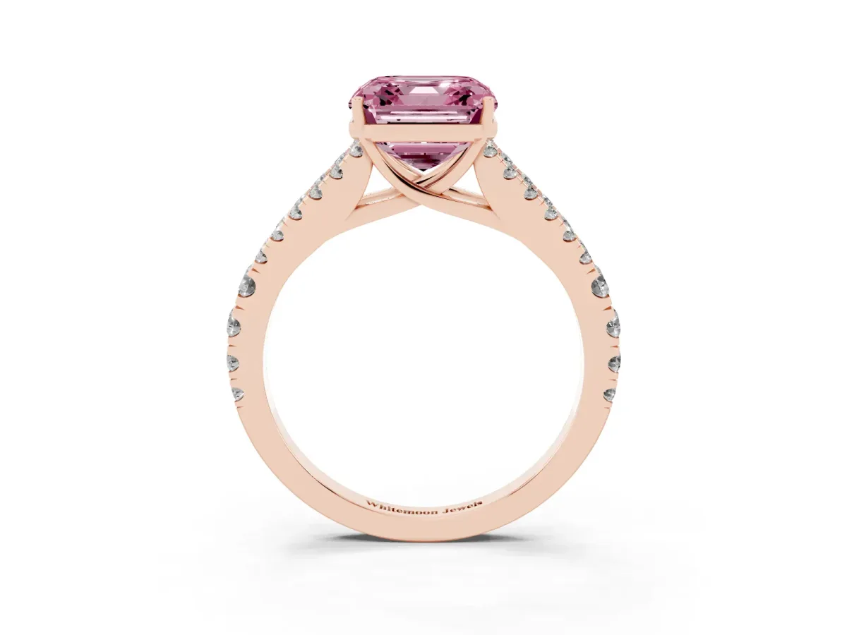 Fancy Pink Asscher Cut Diamond Split Shank Pavé Engagement Ring with Four-Prong Setting Rose gold