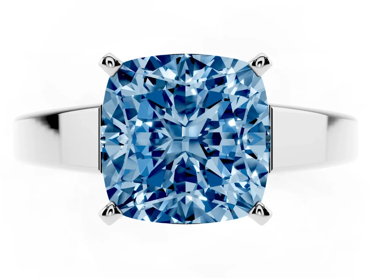 Fancy Blue Cushion Cut Solitaire Engagement Ring with Four-Prong Setting and Tapered Band Silver
