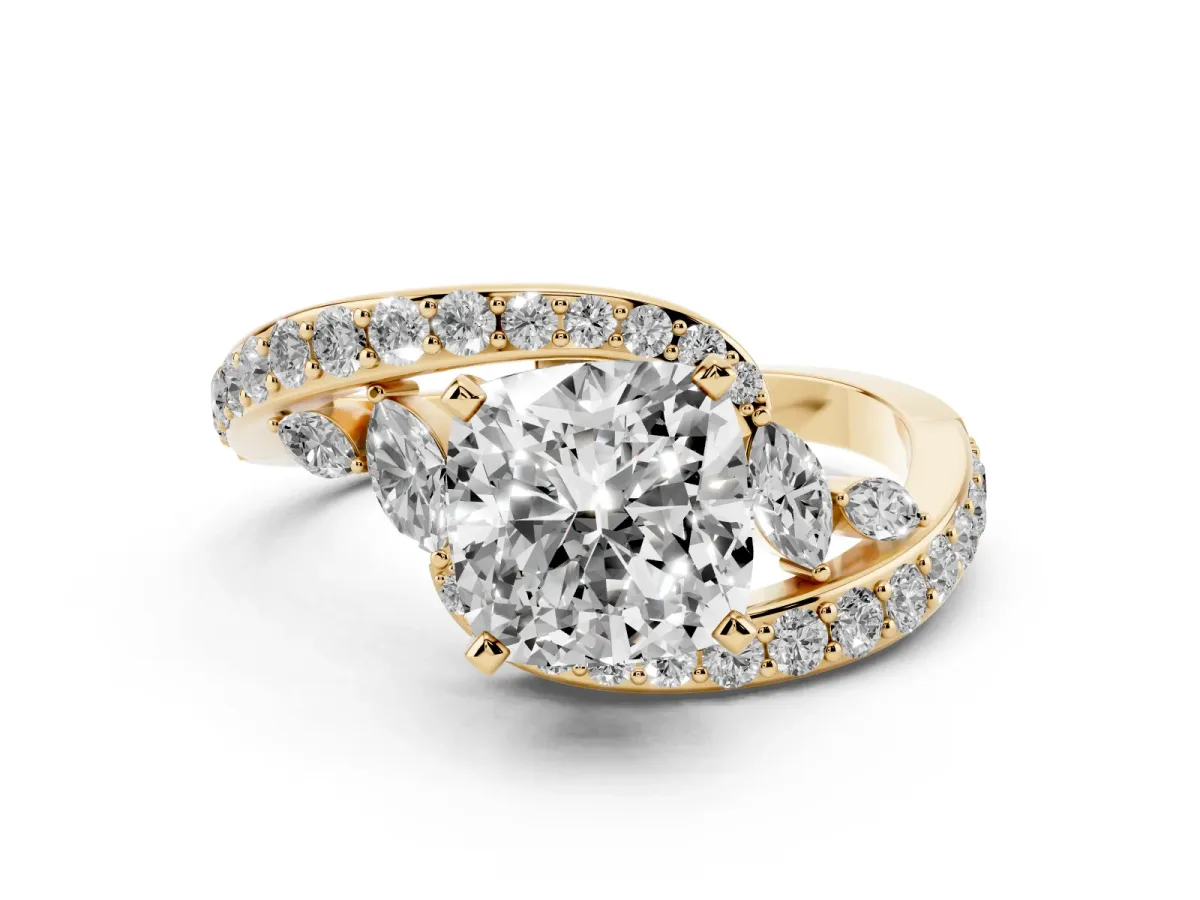 Cushion Cut Solitaire with Pavé Twist Band and Four-Prong Setting Yellow gold